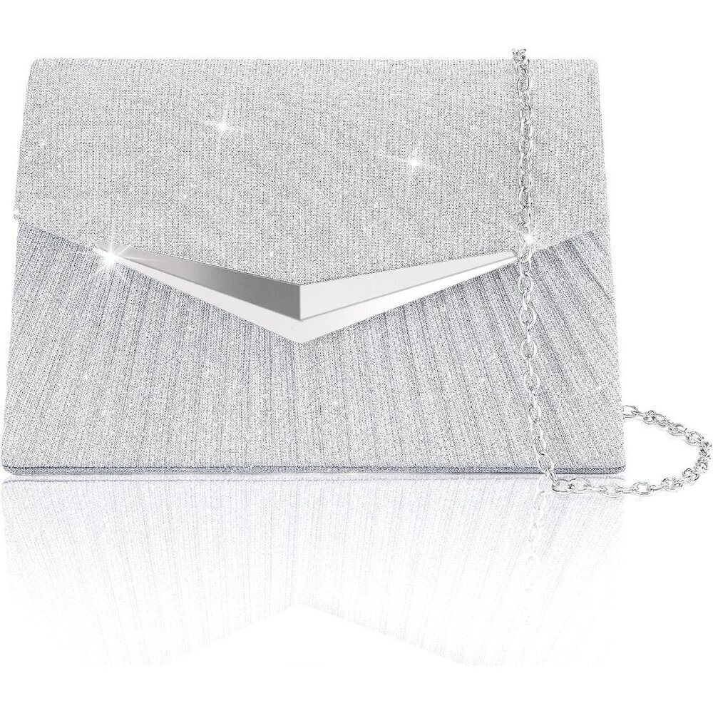 🆕Women Silver Polyester Sparkling Envelope Evening Bag w/Detachable Chain Purse